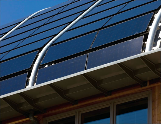 External PV and solar collectors are incorporated into the design rather than fixed on to facades