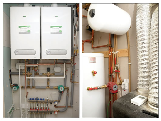 The extension features a heat recovery ventilation system (below right) which pre-heats incoming fresh air in the extension. This supplements the whole house's main heating source, a dual condensing gas boiler system (below left), which distributes heat via underfloor heating in the new section and rads in the old