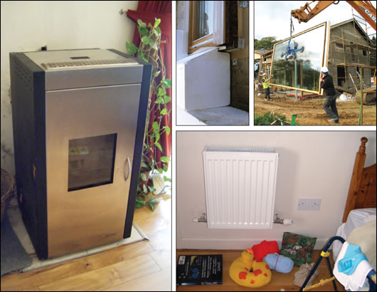 (clockwise left to right) Some airtightness leaks were found around window seals but these have been rectified; the immense Optiwin windows are a principal feature of the house; a number of small radiators can heat the house if required; with the heat supplied by a Calimax wood pellet stove with a back boiler