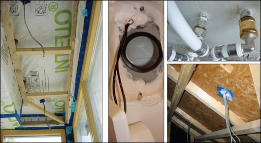 (left to right) Pro Clima tapes and Intello membrane in the flat roof of the new open plan kitchen/dining area; a portal for the Beam central vaccum system with mastic sealing; piping penetrations sealed with mastic; electrical wire penetrations sealed with airitghtness tape and mastic (bottom) (left to right) Pro Clima tapes and Intello membrane in the flat roof of the new open plan kitchen/dining area; a portal for the Beam central vaccum system with mastic sealing; piping penetrations sealed with mastic; electrical wire penetrations sealed with airitghtness tape and mastic (bottom)