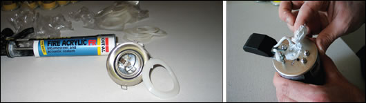 For maximum airtightness, downlighters were sealed with both rubber seals (left) and mastic (right) For maximum airtightness, downlighters were sealed with both rubber seals (left) and mastic (right)