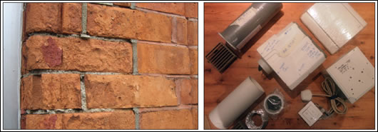 (left) The walls of this Dublin brick building were re-pointed with cement mortars, which are more rigid and less flexible than lime based mortars. Hairline cracks between the mortar allow water in. When combined with frost-thaw cycles the brick-work is prone to crumbling; (right) the constituents of a Lunos humidity-sensitive demand controlled ventilation system due to be installed in Joseph Little’s hemp-lime studio