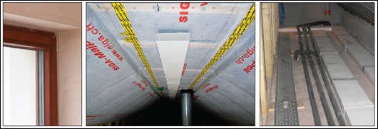 (left to right) the airtightness strategy combines wet plastered walls with a range of Siga products; the HRV duct run was kept as straight as possible to boost efficiencies and trays were installed to keep the electrics neat; (above) strategic planting of trees reduces glare and prevents overheating