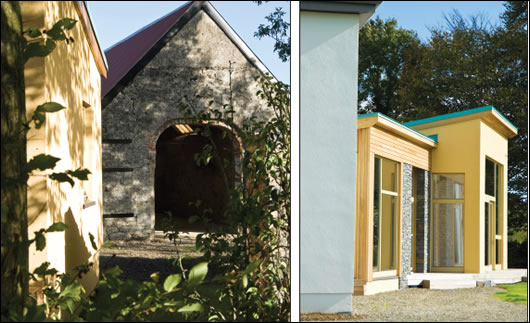 The extension features three separate finishes – cedar cladding, local stone and Aquapanel with the externally insulated house in the foreground