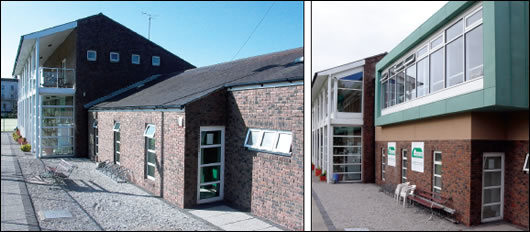 Before and after shots of the front facade, showing the new glazed extension with green copper cladding over the changing rooms
