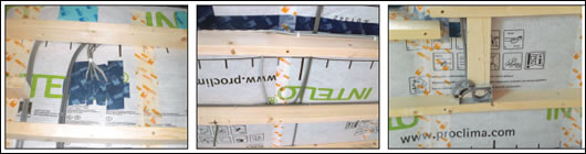 (left to right) services were thoroughly taped where they pierced the airtight Intello layer; Jer Rynhart used Pro Clima Elasto tape to seal over staples that were used to fix the Intello membrane, as seen running down the centre here; as part of the design, effort was made to ensure services did not pierce the airtight layer (left to right) services were thoroughly taped where they pierced the airtight Intello layer; Jer Rynhart used Pro Clima Elasto tape to seal over staples that were used to fix the Intello membrane, as seen running down the centre here; as part of the design, effort was made to ensure services did not pierce the airtight layer