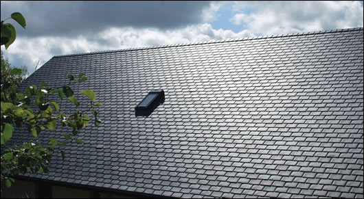Tthe roof was finished with Athy Ecoslate, which is produced in Kildare from recycled polypropylene imported from the UK Tthe roof was finished with Athy Ecoslate, which is produced in Kildare from recycled polypropylene imported from the UK