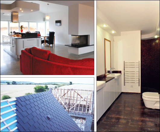 (clockwise from right) Toilets are supplied with rainwater collected on the roof and pumped into an attic tank; the roof is finished with slate made from recycled rubber; the main living area has a Wodtke Ray wood pellet stove that supplies the underfloor heating system