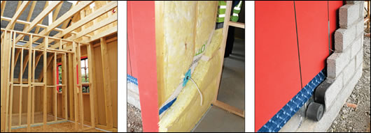 (left) the timber frame system was manufactured and erected by Shoalwater Timber frame; (middle and right)they were also responsible for the airtightness of the house and used the Pro Clima system of membranes, tapes and adhesives (left) the timber frame system was manufactured and erected by Shoalwater Timber frame; (middle and right)they were also responsible for the airtightness of the house and used the Pro Clima system of membranes, tapes and adhesives