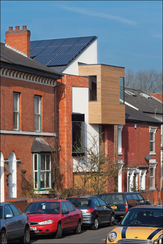 A streetview of the zero carbon house showing the rooftop solar PV panels