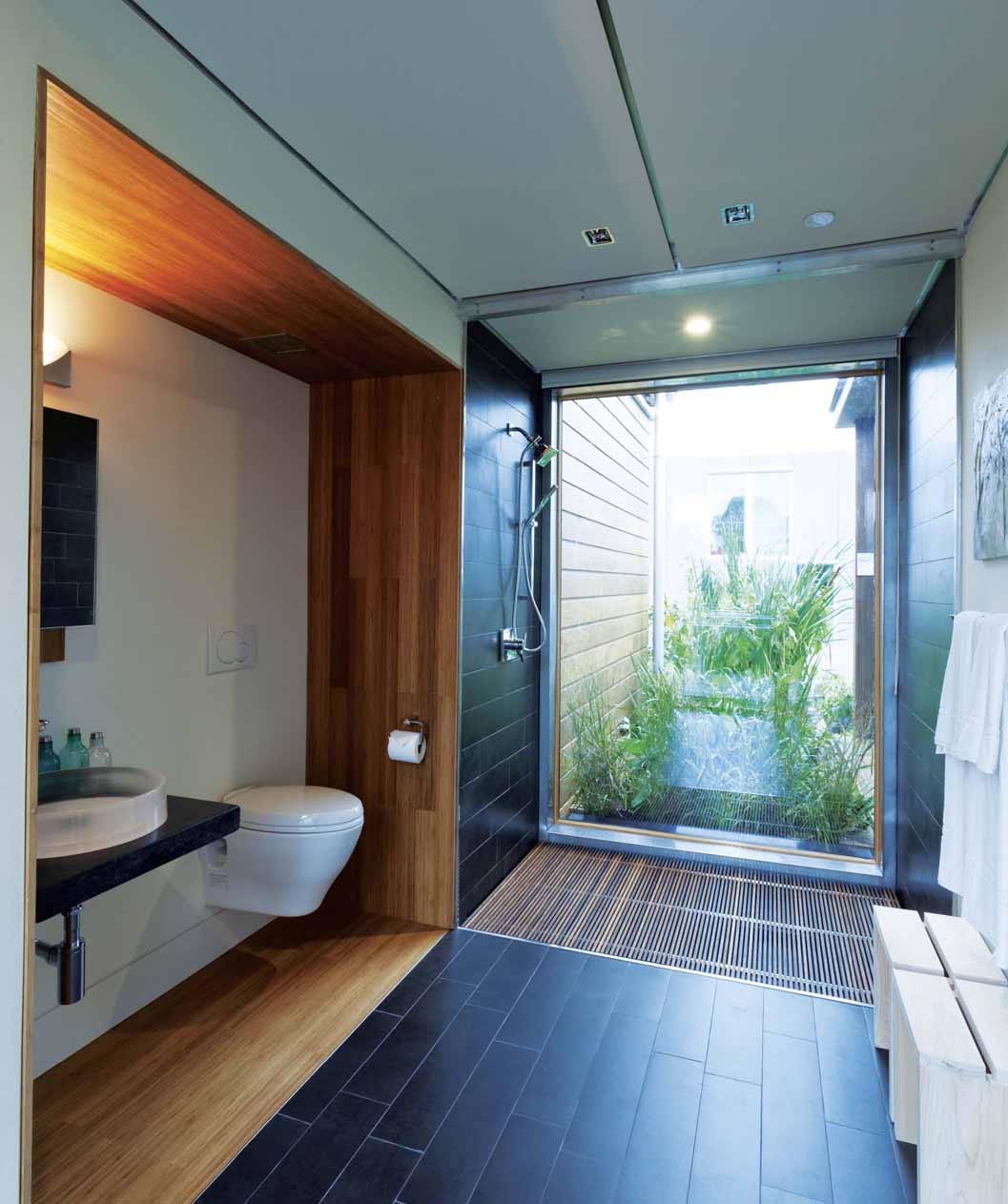 The bathroom is the focal point of the design and water conservation and reuse is a central theme to the project. The bathroom is the focal point of the design and water conservation and reuse is a central theme to the project.