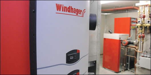 Located in the basement, the building's space and water heating system is a 25.9 kW Windhager Biowin Exclusiv supplied by Heatright, based in Skibbereen, County Cork Located in the basement, the building's space and water heating system is a 25.9 kW Windhager Biowin Exclusiv supplied by Heatright, based in Skibbereen, County Cork