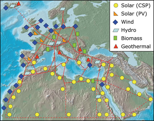 Desertec Map this map from Desertec shows how a renewable energy grid connecting Europe, the Middle East and North Africa, could take shape