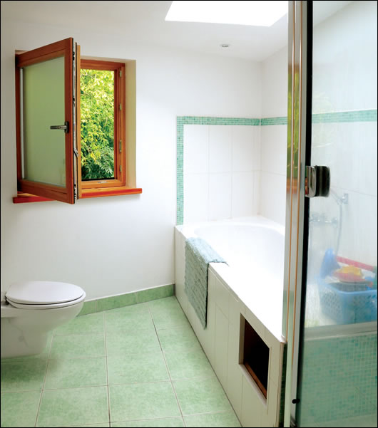 Opaque glass was chosen in the bathroom partly to filter light. Note the laundry chute Opaque glass was chosen in the bathroom partly to filter light. Note the laundry chute
