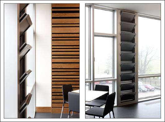 The building’s main natural ventilation system combines advanced floor to ceiling motorized louvres with manual window openings The building’s main natural ventilation system combines advanced floor to ceiling motorized louvres with manual window openings
